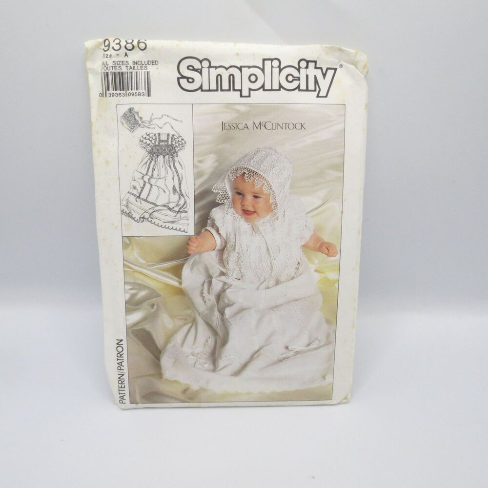 Simplicity 9386 Christening Gown Slip Hat Newborn 3 6 12 Months Vintage